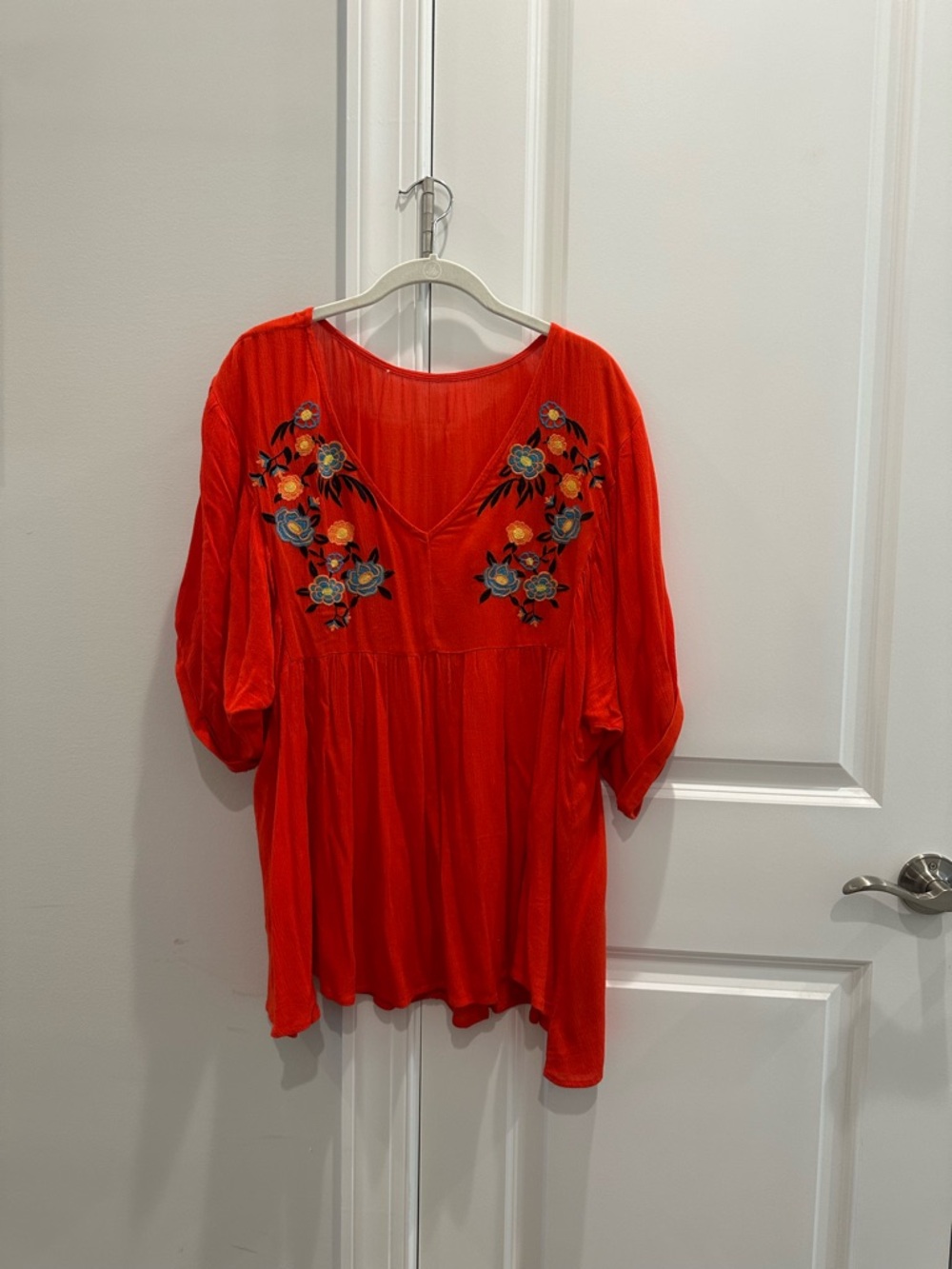 Embroidered V-Neck Red Women’s Peasant Top